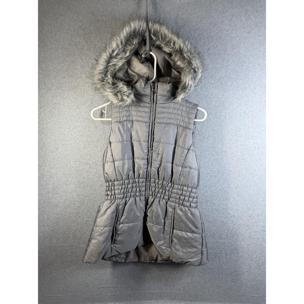 New York & Company Vest Womens Small Gray Quilted Hooded Faux Fur Puffer Zip